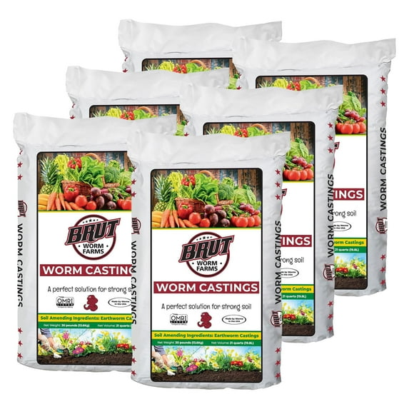 Brut Worm Farms Organic Worm Castings Soil Builder, 30 Pound Bag (6 Pack)