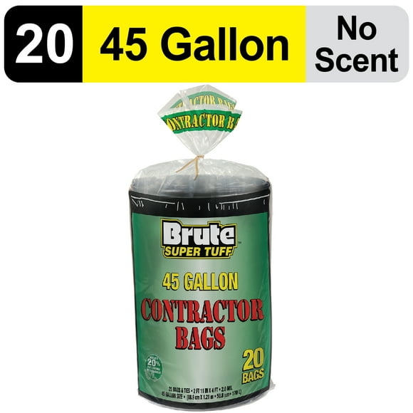 Brute Super Tuff Contractor Trash Bags, Made with 20% Post-Consumer Recycled Materials, 45 Gallon, 20 Bags