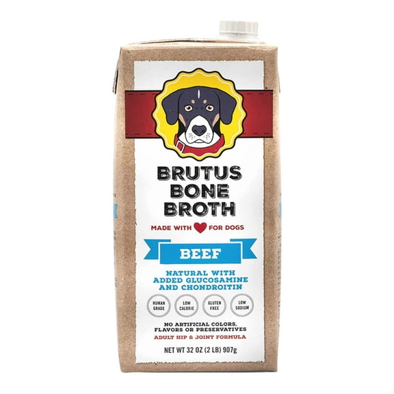 Brutus Bone Broth Beef for Dogs - 32 oz, All Natural Human Grade Dog Food Topper with Chondroitin Glucosamine Turmeric, Great for Picky Eaters & Dry Food, Tasty & Nutritious