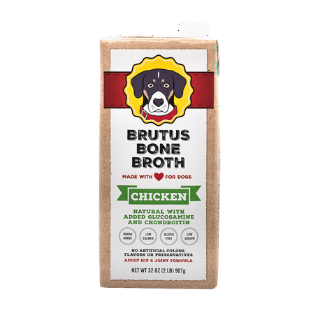 Brutus Bone Broth Chicken for Dogs - 32 oz, All Natural Human Grade Dog Food Topper with Chondroitin Glucosamine Turmeric, Great for Picky Eaters & Dry Food, Tasty & Nutritious