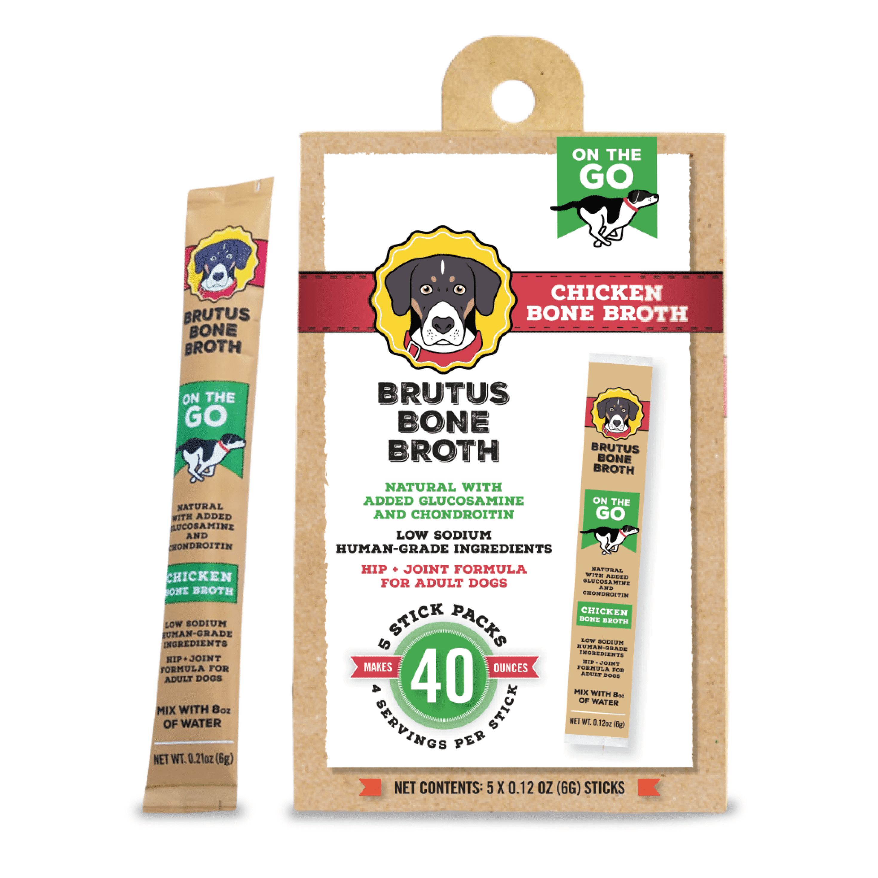 Brutus Broth Instant On The Go Powder for Dogs with Chondroitin Glucosamine & Turmeric - Pet Food Topper - Human Grade Dog Food Toppers for Dry Food & Picky Eaters - 5 Stick (Chicken)