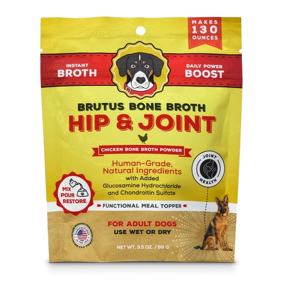 Brutus Broth Dog Food Topper - Instant Bone Broth Powder for Dogs - Supports Hip and Joint Function - Human-Grade Quality, Serve Dry or Wet - Chicken Flavor, 3.5 oz Pack (Makes 130 oz with Water)