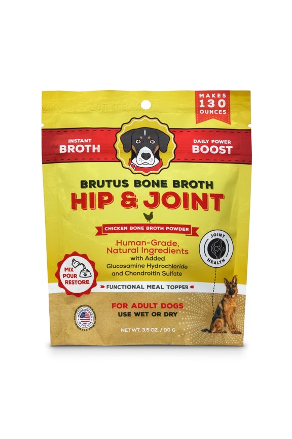 Brutus Broth Dog Food Topper - Instant Bone Broth Powder for Dogs - Supports Hip and Joint Function - Human-Grade Quality, Serve Dry or Wet - Chicken Flavor, 3.5 oz Pack (Makes 130 oz with Water)