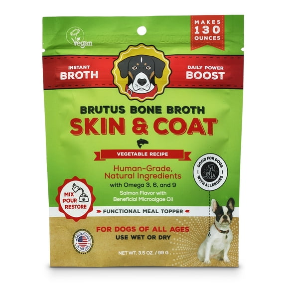 Brutus Broth Skin and Coat Meal Topper for Dogs Mega Pack (Salmon) - Pet Food Topper - Vegetable Broth Powder with Omegas 3, 6 & 9 for Skin and Coat Health - Makes Up to 130 fl oz