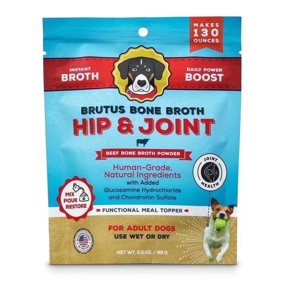 Brutus Broth Dog Food Topper - Instant Bone Broth Powder for Adult Dogs - Supports Hip and Joint Function - Human-Grade Quality, Serve Dry or Wet - Beef Flavor, 3.5 oz (Makes 130 oz with Water)