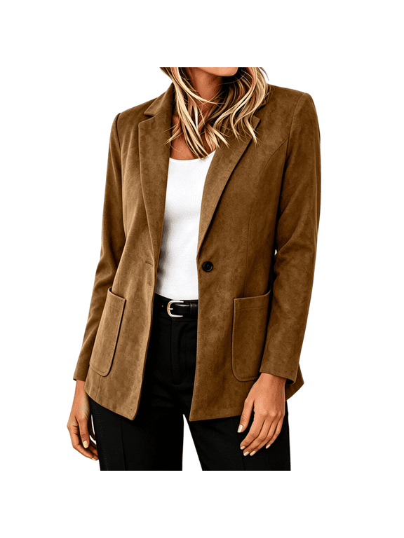 Blazers for Women Jackets Long Sleeve Notched Lapel Single Breasted Business Casual Work Office Faux Suede Blazer Coat with Pockets ,Brown Size S