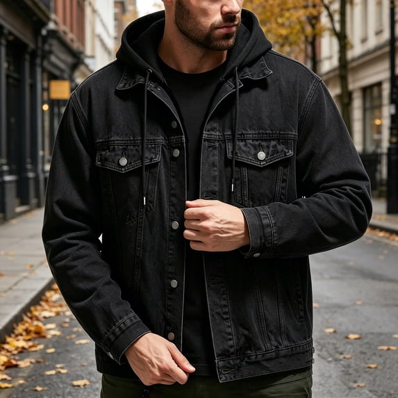 Brwvolix Jackets for Men With Hood ,Male Jacket Winter Fake Two-Piece Denim Casual Daily All-Match Hooded Coat