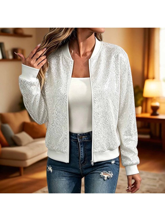 Women's Bomber Jacket, Sequined Long Sleeve Zip Up Flight Jacket for Women, Fall Winter