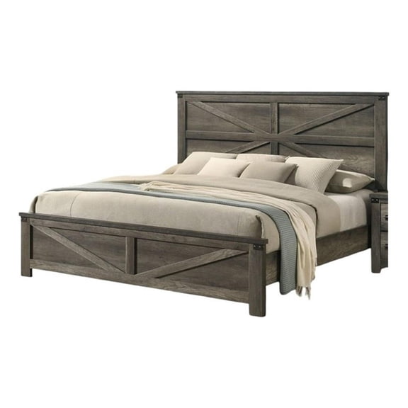 Bry King Size Bed w Chevron Panel Headboard-Rustic Gray Wood Frame