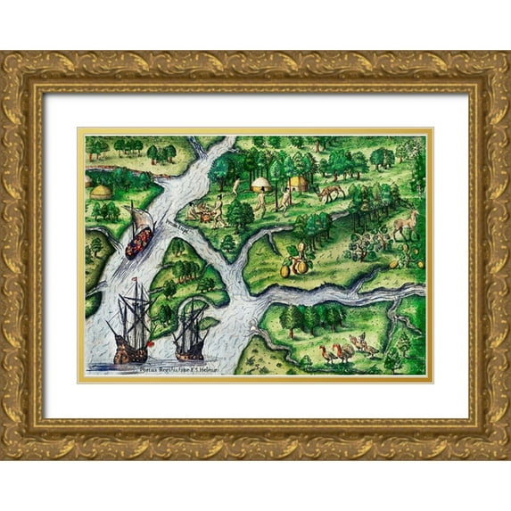 Bry, Theodor de 18x14 Gold Ornate Wood Framed with Double Matting Museum Art Print Titled - Port Royal-South Carolina illustration from Grand voyages 1596