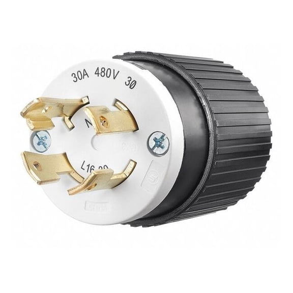 Locking Plug, L16-30P, 30 A, 480V AC, Three Phase, 3 Pole, Screw Terminals, Black, White