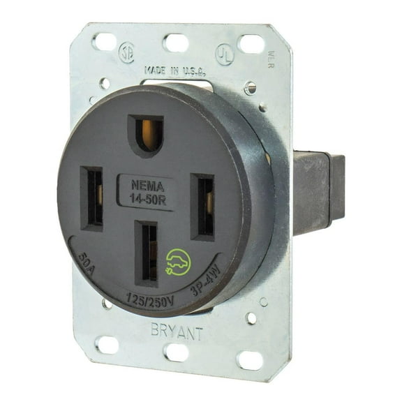 Bryant Electric 9450FR 50 Amp 125/250V NEMA 14-50R Flush Straight Blade Receptacle, Black