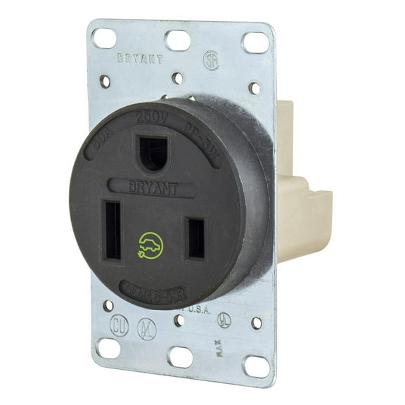 Bryant Electric 9650FR 50 Amp 250V NEMA 6-50R Flush Straight Blade Receptacle, Black
