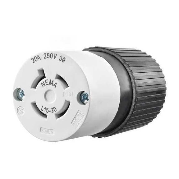 Locking Connector, L15-20R, 20 A, 250V AC, Three Phase, 3 Pole, Screw Terminals, Black, White