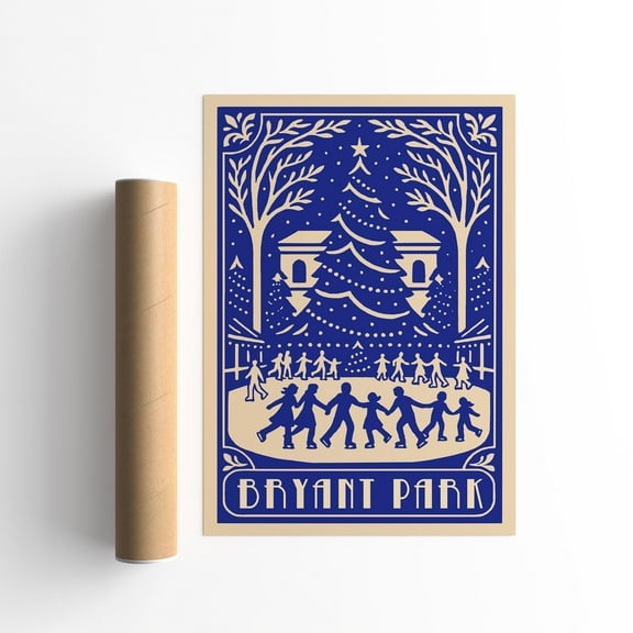 Bryant Park Winter Print, Vintage Kristmas Ice Skating Art Print, Nyc Home Decor Warm Present Vintage UNFRAMED Poster Size 24x36