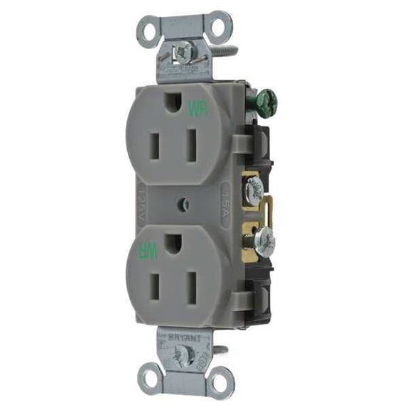 Bryant Receptacle,Gray,15 A,2P3W,Back; Side,1PK CBRS15GRYWR