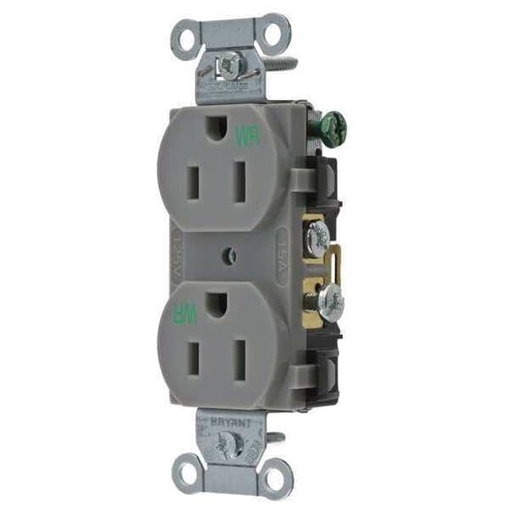 Bryant Receptacle,Gray,15 A,2P3W,Back; Side,1PK CBRS15GRYWR