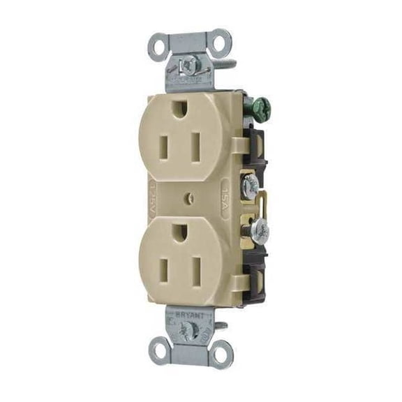 Straight Blade Receptacle, 5-15R, 15 A, 125V AC, 2 Pole, 3 Wire, Flush Mount, Grounded