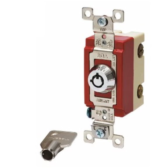 Bryant Wall Switch Locking 3-Way Toggle 20A 120/277V Silver Barrel Key Industrial 2HP UL