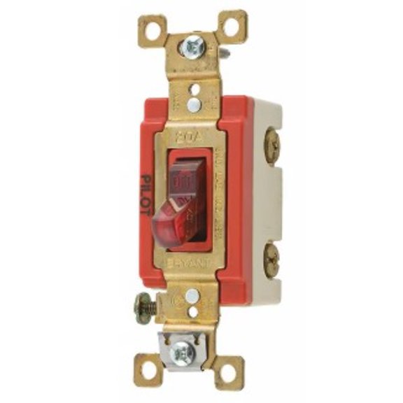 Bryant Wall Switch Toggle Single Pole 20A Red 120-277V AC 2 HP Pilot Light Screw