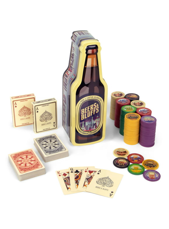 Brybelly Beers & Bluffs Poker Chip Tin, 200 Poker Chip Gift Set, 2 Decks Beer Theme Cards
