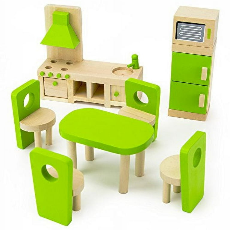 Eat-In Kitchen Colorful Wooden Dollhouse Furniture Set for 2-4