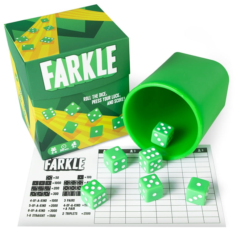 Brybelly Farkle - The Classic Family Dice Game | Set Includes Dice Cup, Set of 6 Green Dice, 25 Scorecards and Storage Box