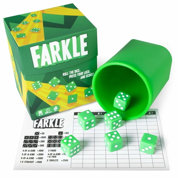 Brybelly Farkle - The Classic Family Dice Game | Set Includes Dice Cup, Set of 6 Green Dice, 25 Scorecards and Storage Box