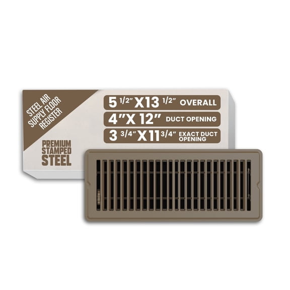 4x12 Floor Register Vent Cover - Heavy Duty All-Steel, Adjustable Air Flow, Brown Finish - HVAC Floor Vent for Home by Bryce Hardware (4 x 12 Inch)
