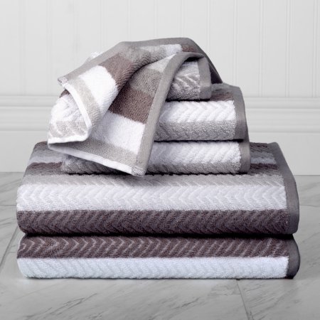Bryce Stripe Face with Solid Back 6 Piece Bath Towel Set in Charcoal/White
