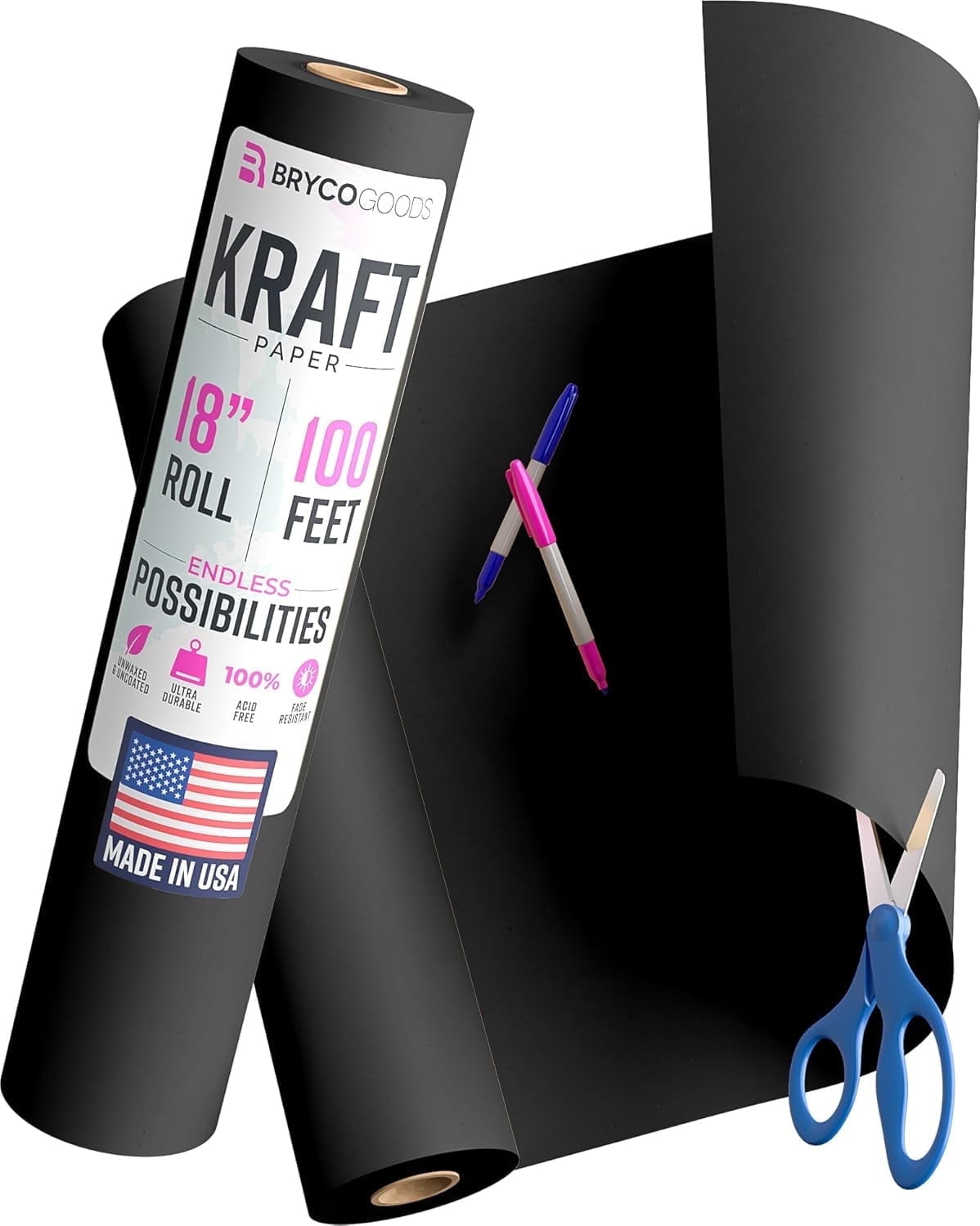 Bryco Goods Black Kraft Paper Roll - 18 Inch x 100 Feet - USA Made - Wrapping Paper for Packaging, Shipping, Arts & Crafts, Bulletin Board, Decorations, Bouquet, Gift Wrap