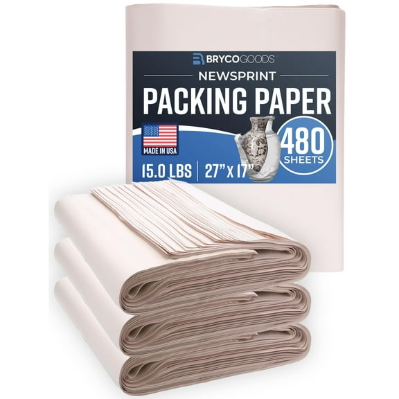 Bryco Goods - Packing Paper Sheets for Moving - 480 Sheets, 15lb Newsprint Paper - 27" x 17" - Made in USA