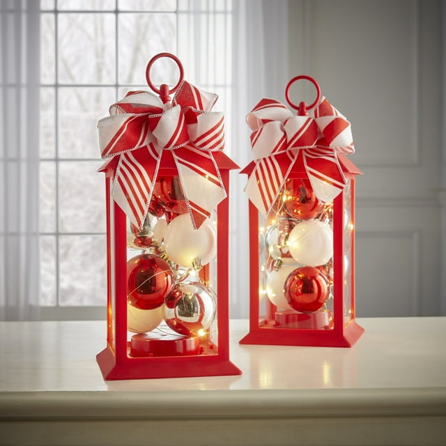 BrylaneHome 12"H Led Ornament Lanterns, Set Of 2 Red White