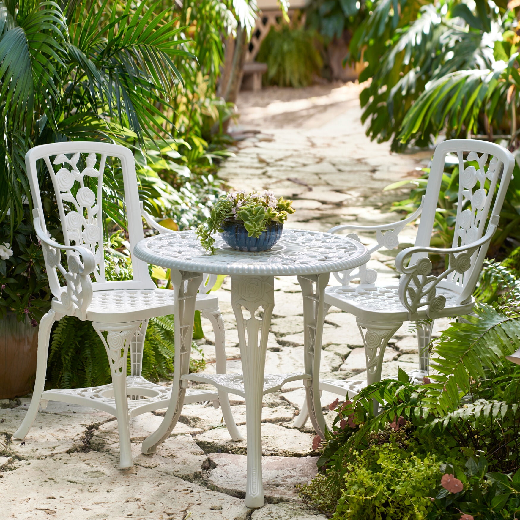 BrylaneHome 3 Piece Rose Bistro Set with Umbrella Hole All Weather Bistro Table and Chairs Set of 2 for Garden Porch