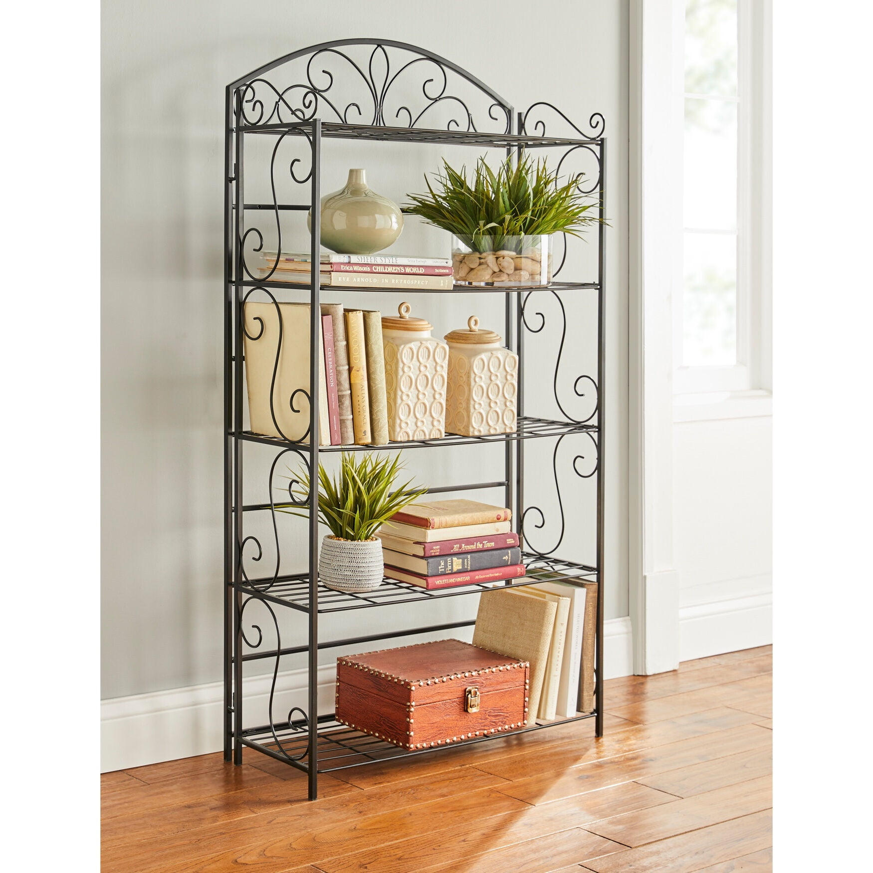 Black 5-Tier Metal Scroll Folding Bookcase