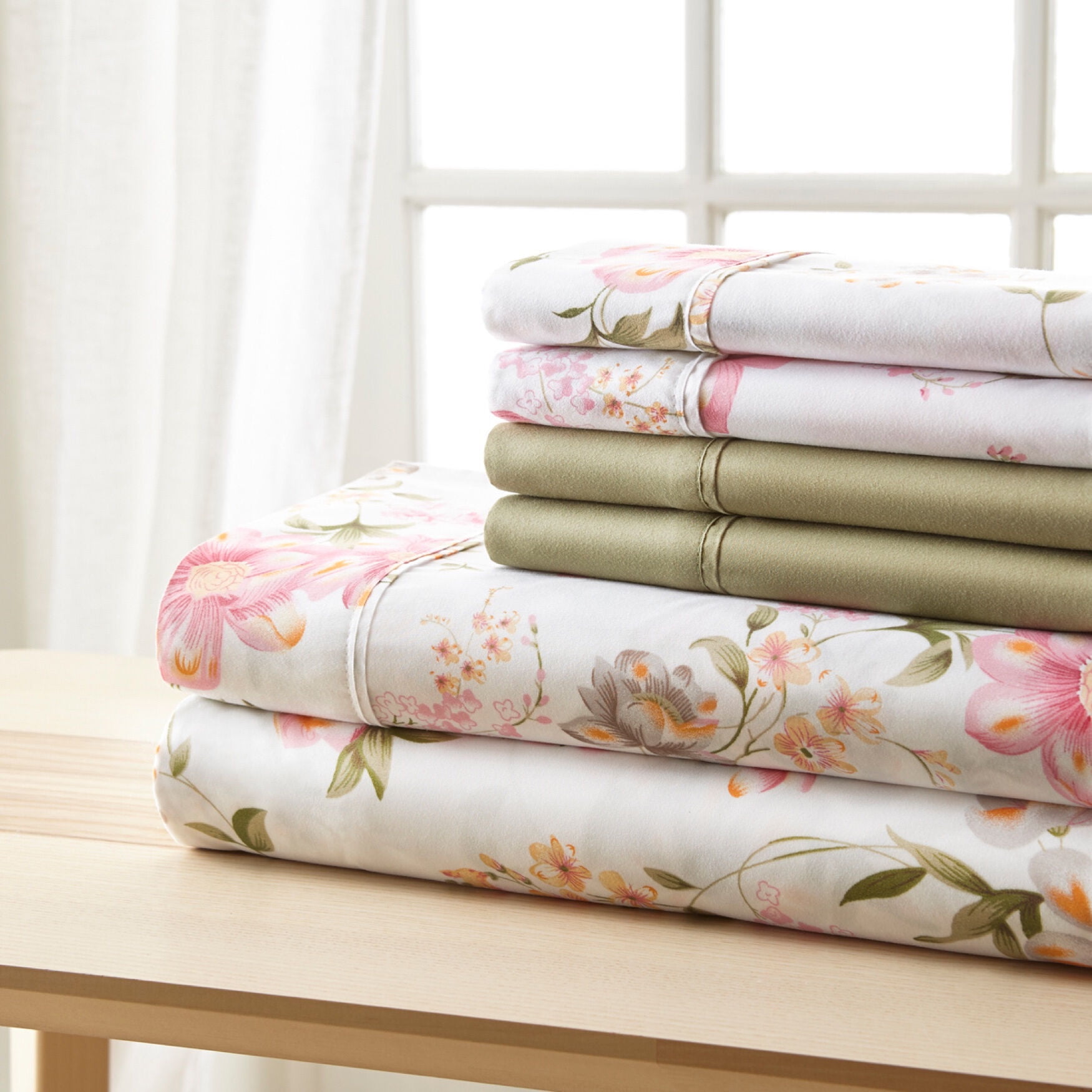 Full Pink Green Floral Microfiber 3-Piece Sheet Set