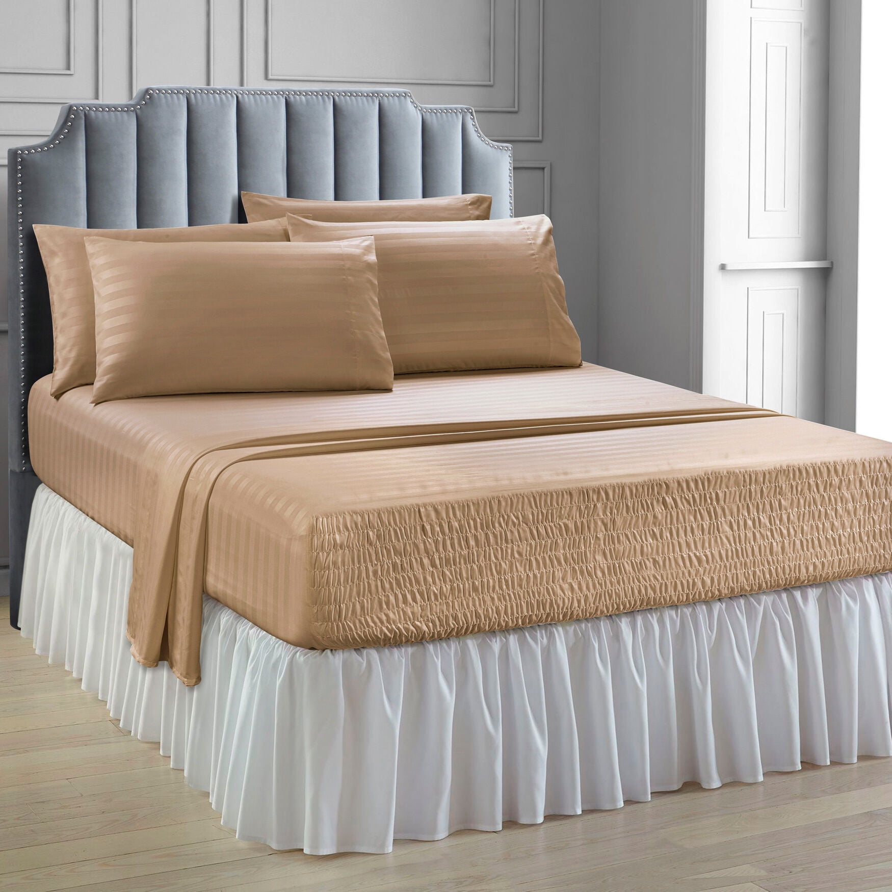 Full Taupe Damask Stripe Microfiber Sheet Set