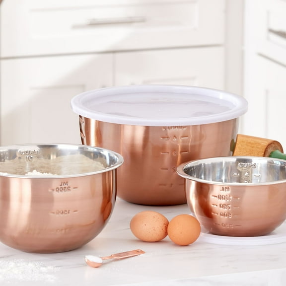 BrylaneHome 6 Piece Set Of Copper Mixing Bowls & Lids, Copper Bronze Stainless Steel
