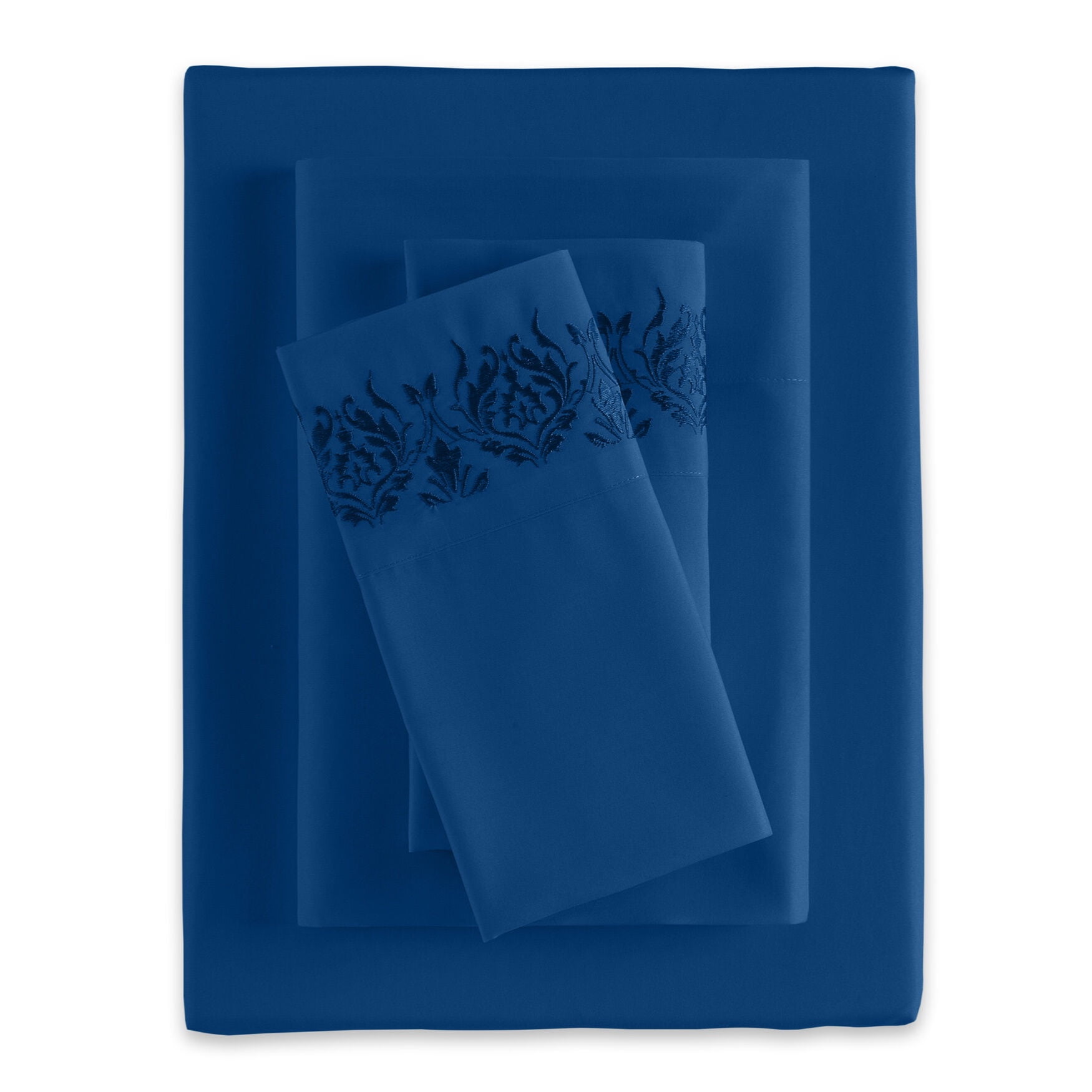 Navy Full Embroidered Polyester Damask Sheet Set