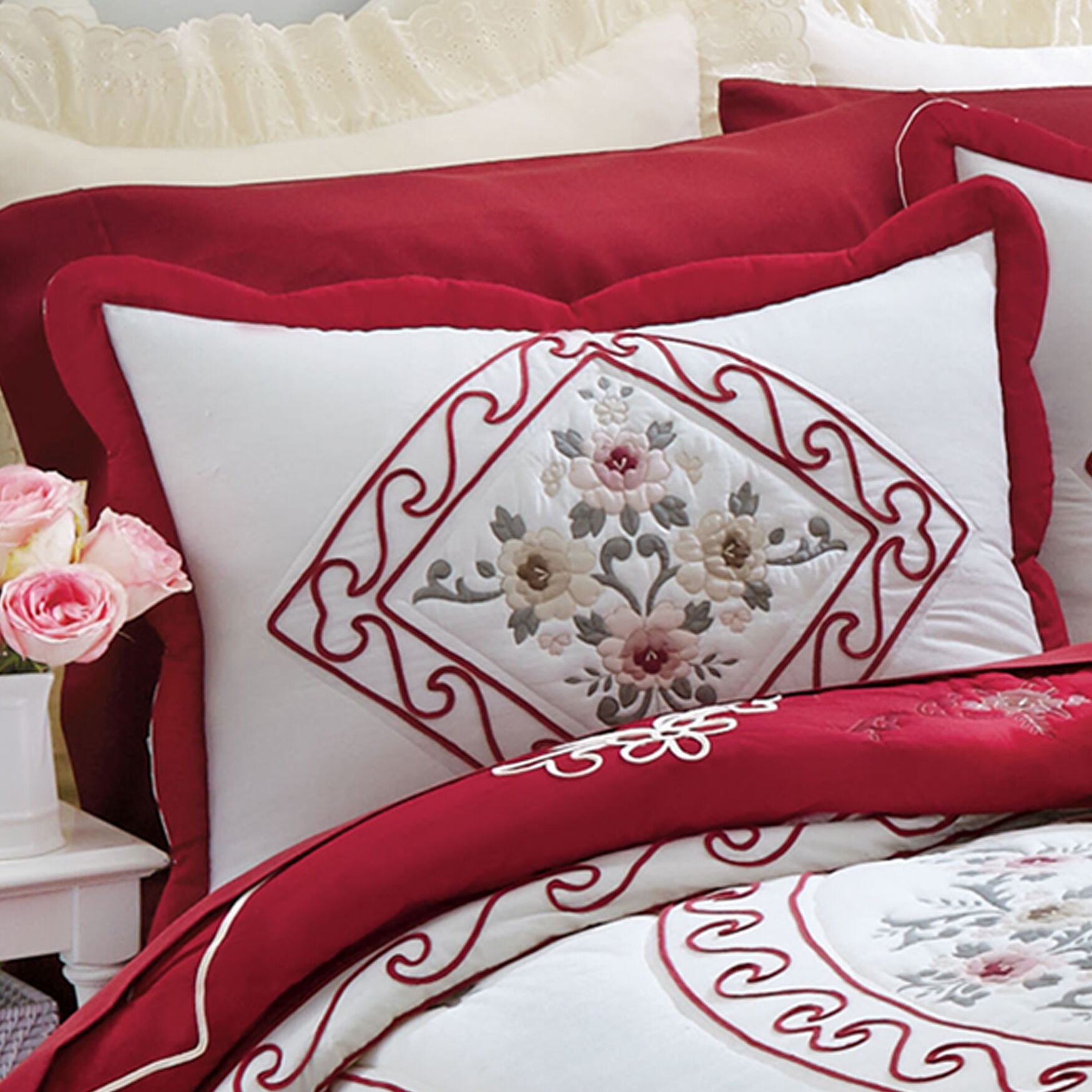 BrylaneHome Ava Embroidered Cotton Sham - King, Red