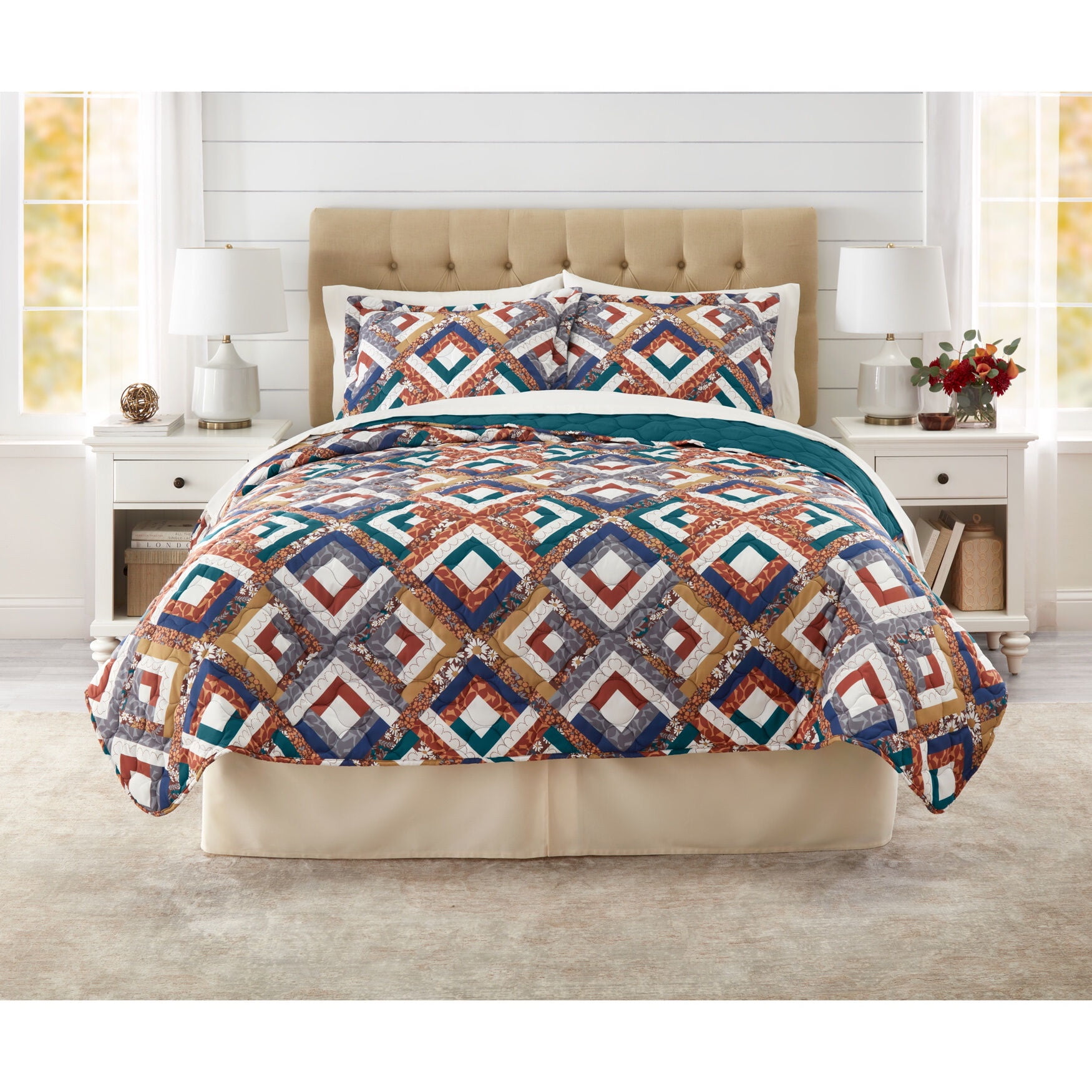 Peacock Geo Reversible Twin Quilt with Cotton Fill