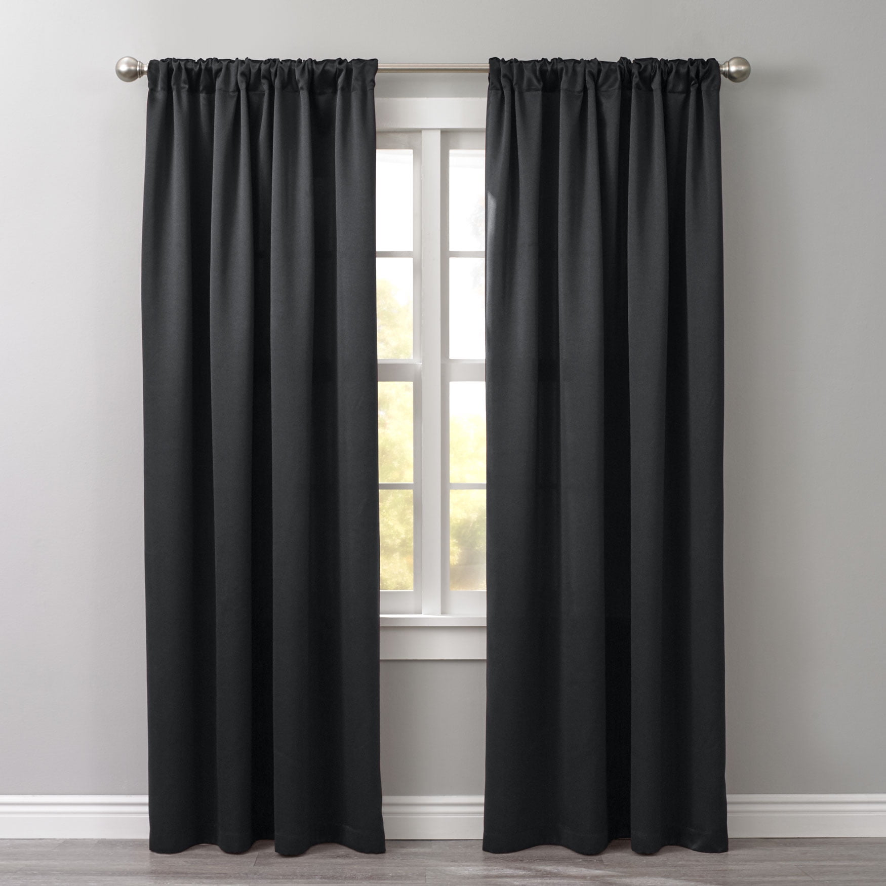 Black Polyester Room Darkening Rod Pocket Curtain Panel