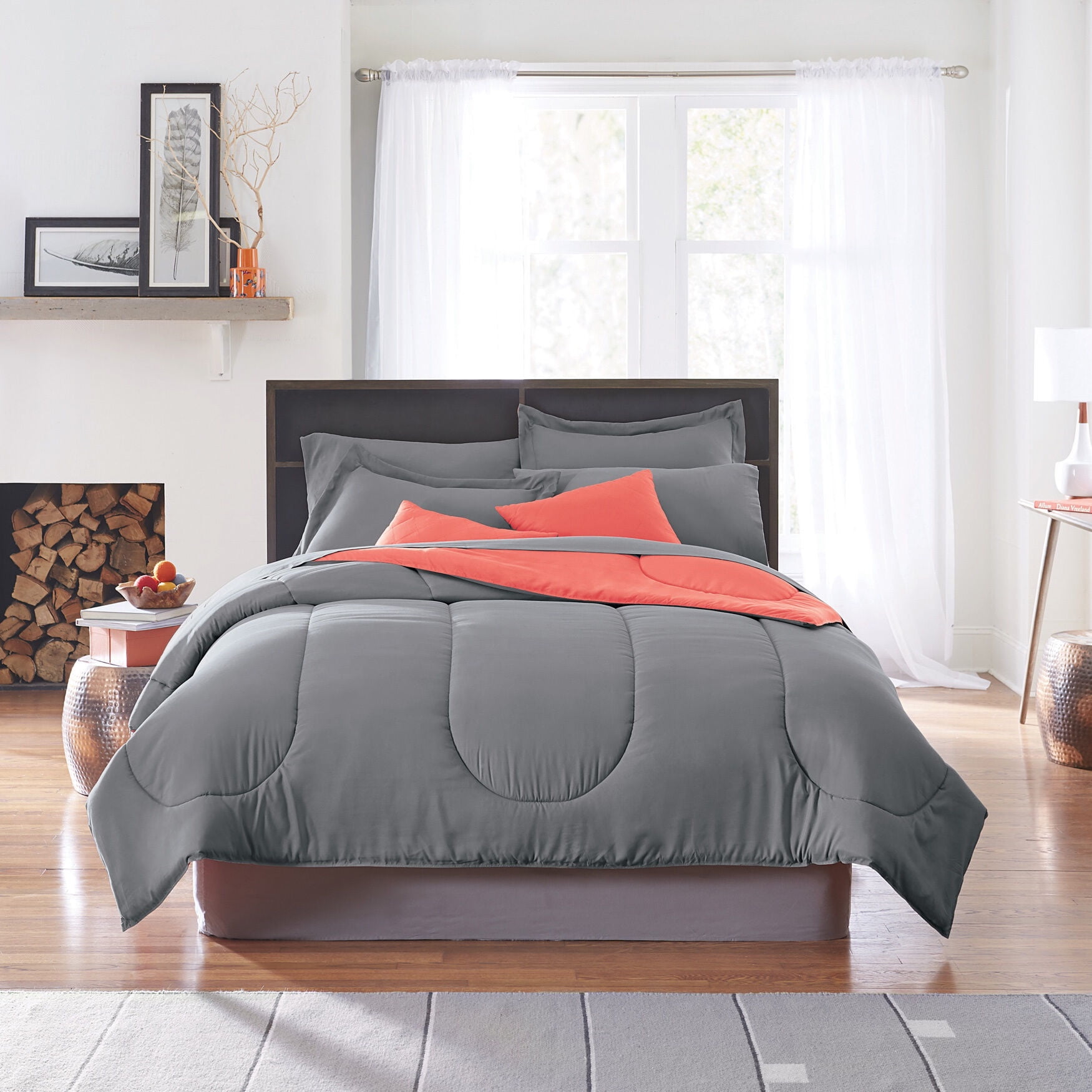 Full Size Dark Gray and Coral Reversible Polyester Comforter