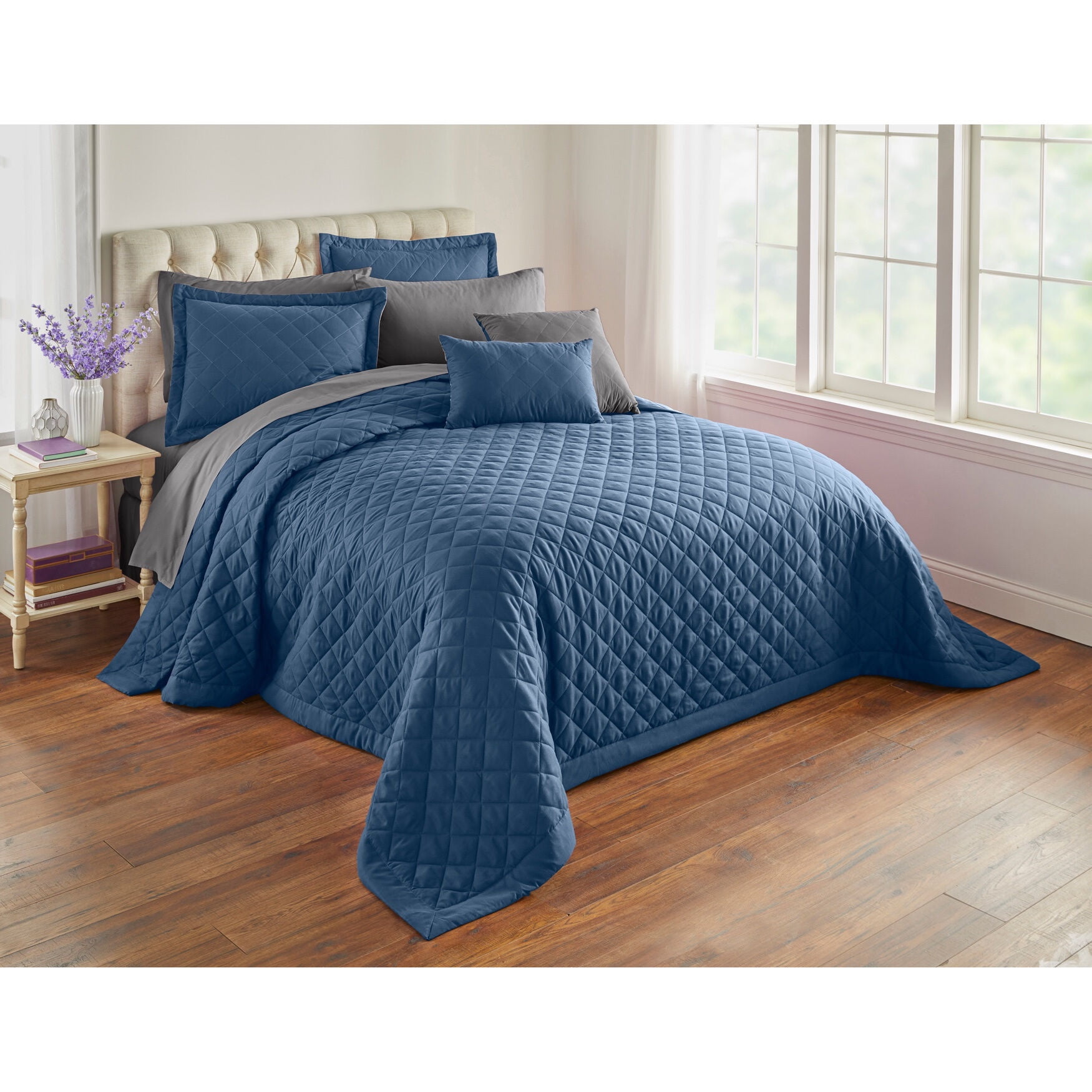 Full Blue Smoke Dark Gray Reversible Quilted Bedspread Set
