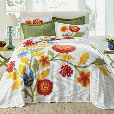BrylaneHome Bedding Oversized Cotton Bloom Chenille Bedspread Floral Bedding Colorful Flowers