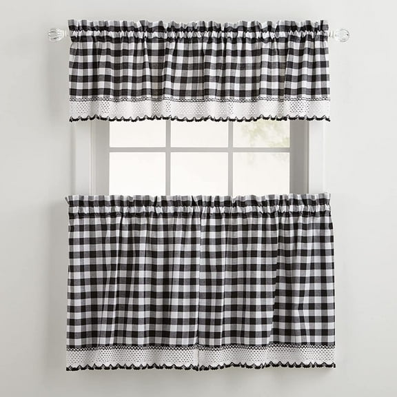BrylaneHome Buffalo Check Tier Curtain Set, Valance Not Included Window Curtain - 58I W 24I L, Black White