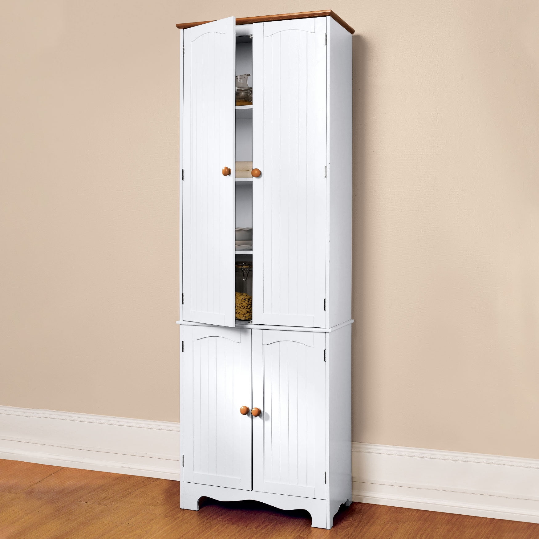 White Tall Kitchen Pantry Cabinet with Metal Shelves