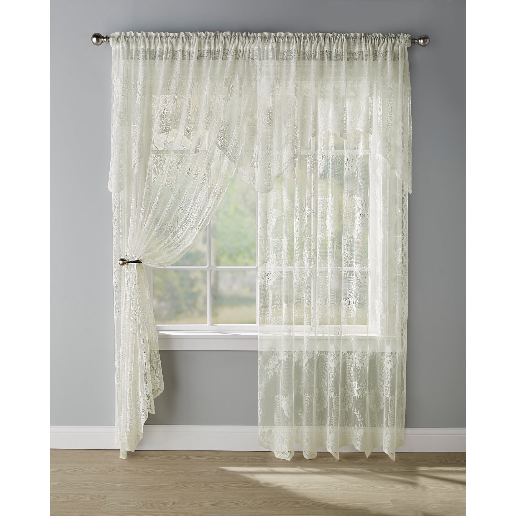 Ivory Sheer Lace Detail Polyester Window Panel with Valance