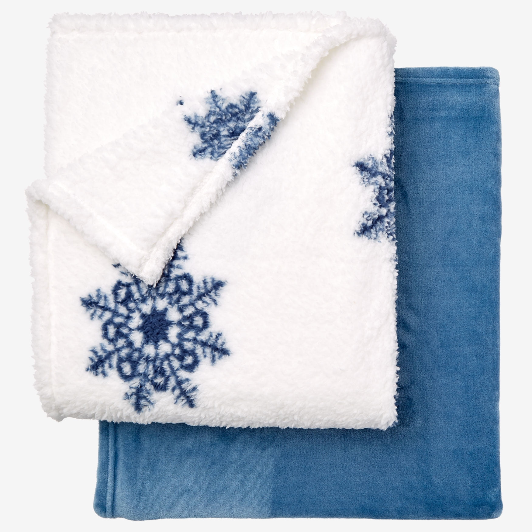 King Size Blue Snowflake Fleece Sherpa Blanket Set