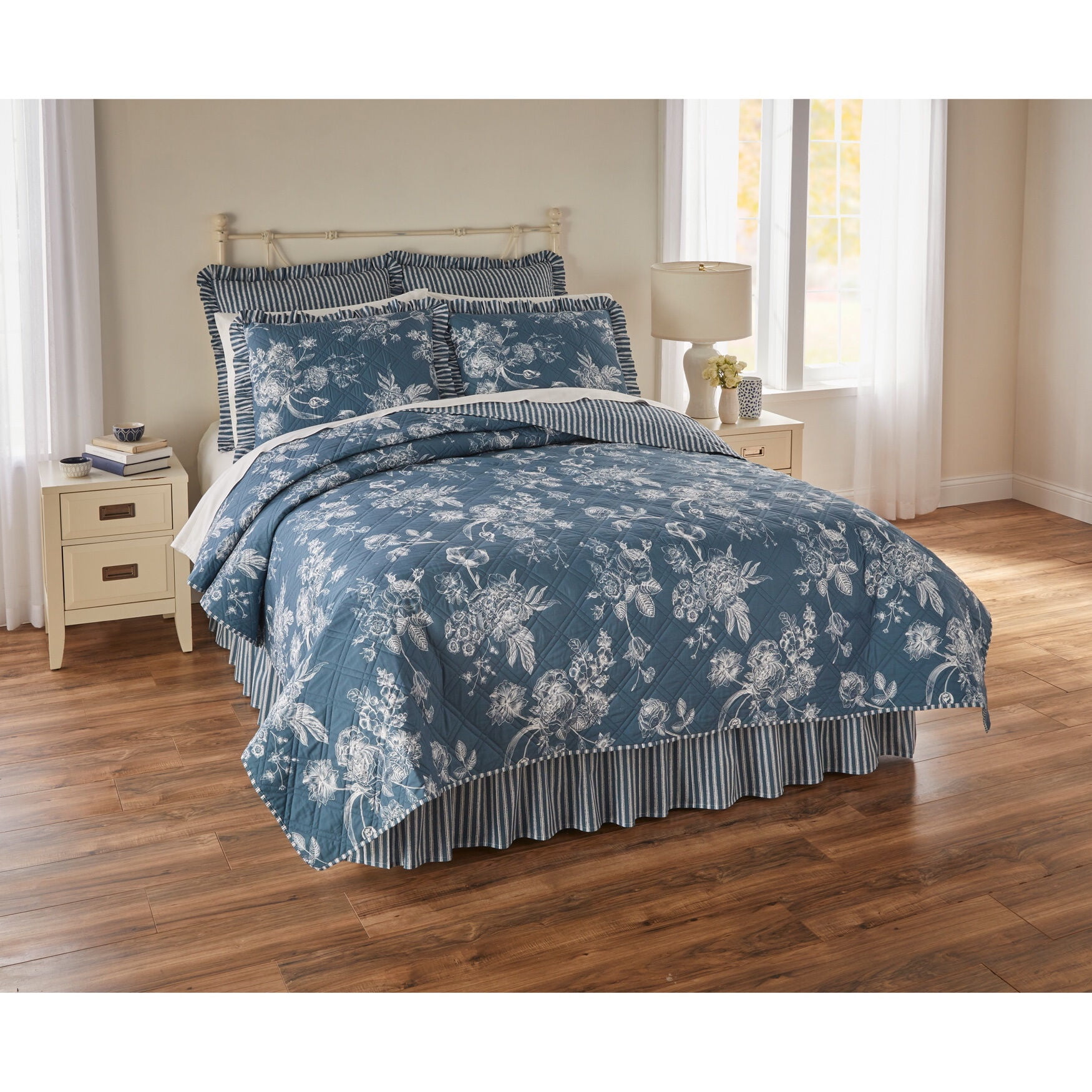 Full Blue Cotton Floral Quilt Set with Ruffled Shams